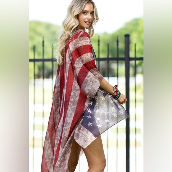 Ruggine American Flag Print 4th July Sheer Kimono Side Slits One Size - Picture 10 of 10
